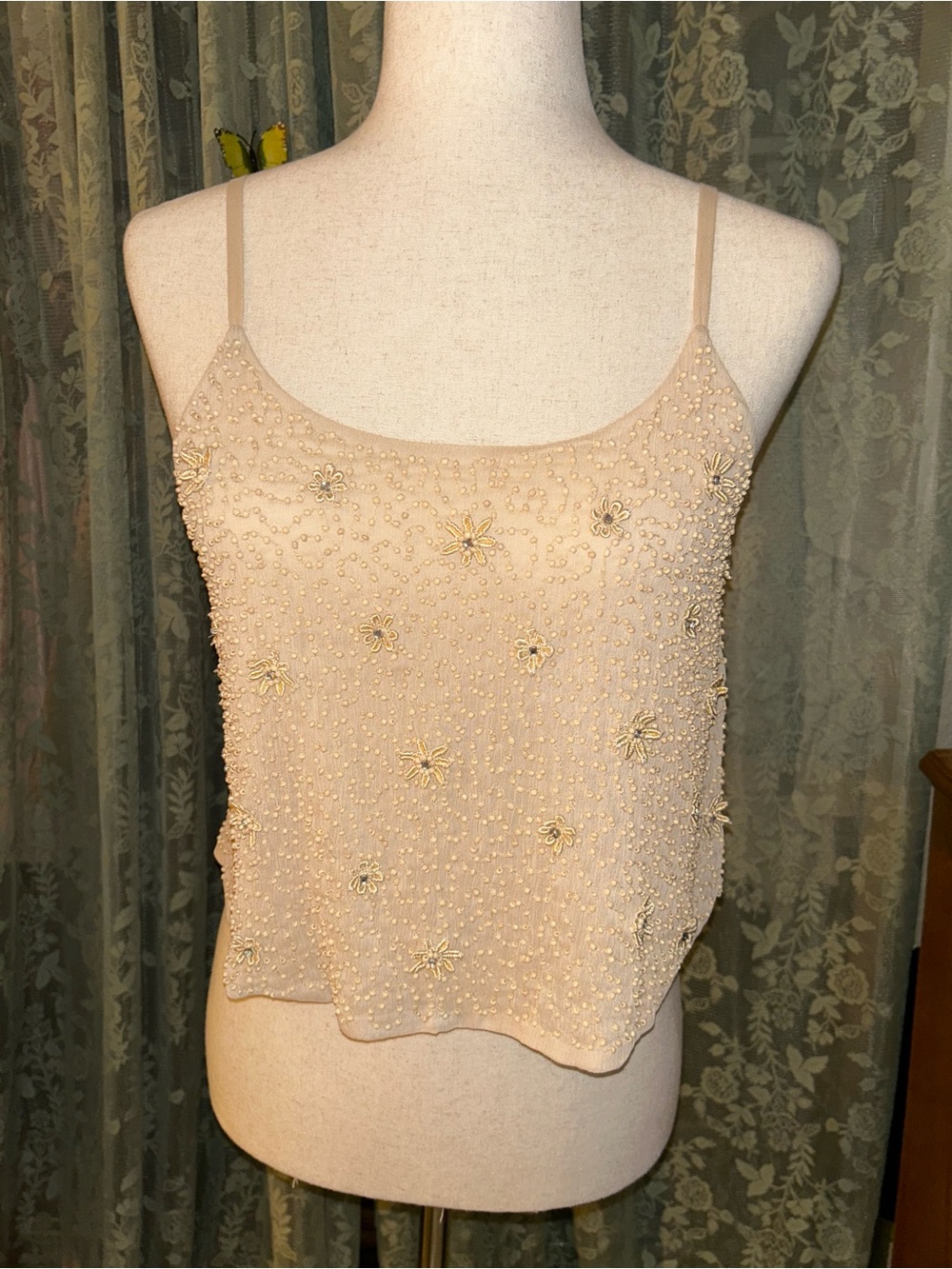 Vintage Forever 21 Beaded Cream Spaghetti-Strap Top